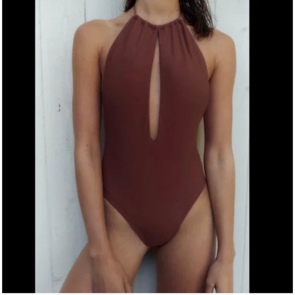 NWT Zara Cut Halter Swimsuit Mocha Brown Sz S - Picture 4 of 6